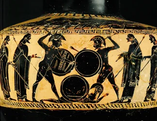 Combat Scene. A Wounded or Dead Hoplite Lies on the Ground. Black-Figured Hydria