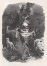 Night, vignette of girl in 18th century costume picking roses, ca. 1830-65