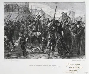 Franco-Prussian War 1870-1871: Battle of Buzenval (Mount Valerien) near Versailles 19 Jan 1871. Garde National marching to the battle and defeat. From a series of lithographs by Clement August Andrieux on the Gardes Nationales.