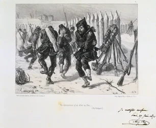 Franco-Prussian War 1870-1871. Siege of Paris 19 Sept 1870-28 Jan 1871. Soldiers on the ramparts jumping about to keep warm. From a series of lithographs by Clement August Andrieux