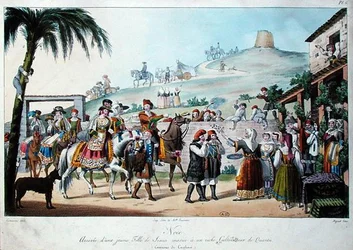 Wedding procession in the Cagliari region of Italy, engraved by Bezard 1825