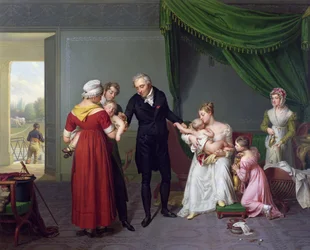 Baron Jean Louis Alibert performing the vaccination against smallpox in the Chateau of Liancourt, c. 1820