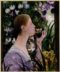 The Nest. Young woman in profile in a flower-filled garden, holding a nest in her hand and kissing the baby birds