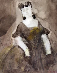 Study of a Half-Length Woman, Wearing a Low-Cut Dress, Hands in Pockets.