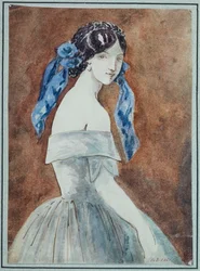 Study of a Half-Length Woman, Low-Cut Dress, Veil Tied on Her Hair
