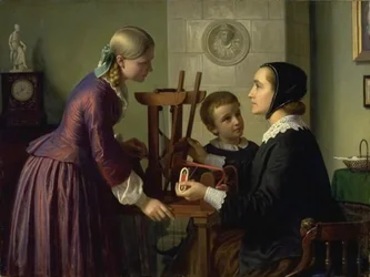 A housewife at her ribbon loom talking to two children