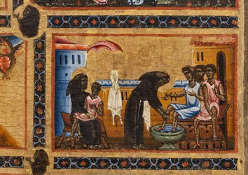Bardi St. Francis altarpiece and twenty stories of his life, The Bardi Chapel, Detail of the Saint who teaches lepers, while holding one in his arms and washing the feet of the others