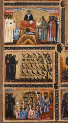 Bardi St. Francis Altarpiece and Twenty Stories of His Life, Details from Above: The Creation of the Nativity Scene in Greccio, St. Francis Preaching to Birds, St. Francis Preaching to Muslims in Front of the Sultan