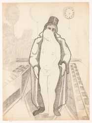 Man in black, nude woman and clock, B-1-1, 26 February. Self-portraits by Cor van Teeseling (series title)
