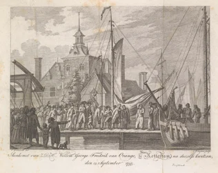 Arrival of the Wounded Prince Willem George Frederik in Rotterdam, 1793 (title on object: Arrival of Z.D.H. Willem George Fredrik van Oranje, in Rotterdam, after his injuries, September 15, 1793)