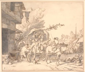 Market Scene with Drunken Peasants in a Wagon in Front of an Inn