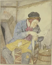 Newspaper Reader beside a Barrel