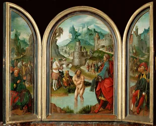 The prophet Elisha heals the Syrian Captain Naaman from leprosy in the waters of the Jordan river