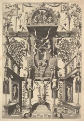 Fantastic Architecture Structure with Strapwork and Two Pergolas and a Small Scene with Vu