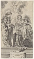 An unknown saint (Ignatius of Loyola?) kneels before the Virgin and Child