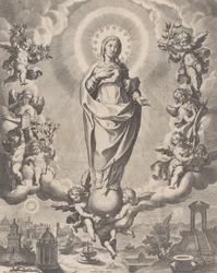 The Virgin in Glory, standing on clouds and surrounded by angels holding the symbols