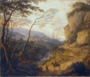 Mountain Landscape with a Rider and a Hunter in Conversation