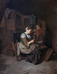 Woman with Wineglass and Two Male Peasants