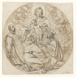 Mary with Child Adored by Saint Ignatius of Loyola, Saint Francis Xavier, and a Holy Monk