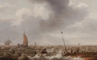 Shipping in Choppy Seas Along the Coast with a Jetty, Beacon, and a Town in the Distance
