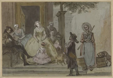 Hurdy-Gurdy Player for a Listening Family on the Steps of a Townhouse