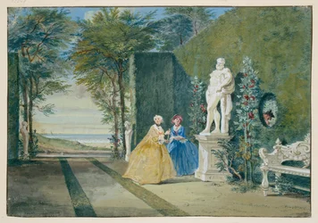 Park view with two young ladies next to a statue of Hercules