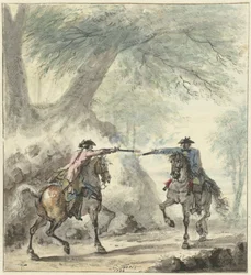 Two Riders Meeting and Shooting at Each Other on a Forest Path