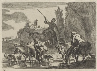 Shepherds with Cattle Wading Through a Stream (Landscapes)