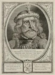 Dirk I, Count of Holland, in Armor. The Frame is Decorated with the Coat of Arms of Holland.