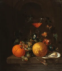 A Lemon, an Orange, Grapes, an Oyster, and a Glass of Wine on a Ledge