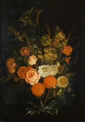 Bunch of Roses, Carnations, Oranges, Grapes, Acorns and Chestnuts