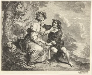 Shepherd and shepherdess in landscape