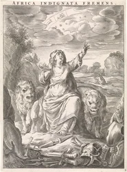 Female Personification of the Continent Africa as a Woman with Lion Skin Sitting Among Lions (Africa indignata fremens) (title on object) (Four Continents) (series title)