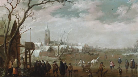 A Village Scene in Winter with Figures on the Ice