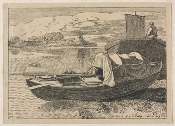 Boats on a River, Windmill in Distance