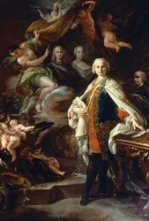 The Italian castrate Carlo Farinelli (Carlo Broschi, dit; 1705 - 1782), at the court of Philip II of Spain, wearing the white coat of the Order of Calatrava. Painting by Corrado Giaquinto (1703-1766), Civico Museo Bibliografico Musicale, Bologna.