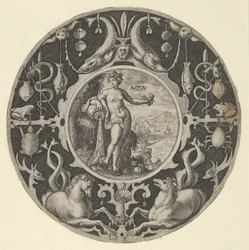 Aqua in a Decorative Border with Sea Creatures, from a Series of Circular Designs