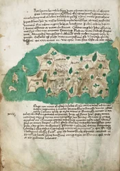 Symi, cartographic survey of the Greek island, with handwritten notes on vellum