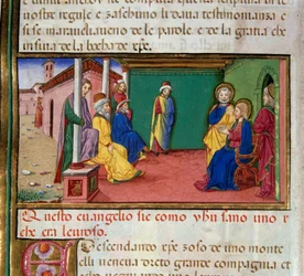 Jesus goes to the synagogue of Nazareth on a Saturday and reads the book of the prophet Isaiah (Miniature by Cristoforo De Predis, 1440-1486)