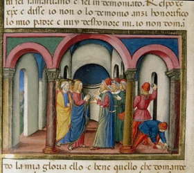 Jesus is intercepted near the temple of Solomon by Jews who ask him to prove his identity (Detail)