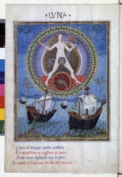 Moon with the Zodiac Sign of Cancer, Boats During the Rising Tide. Miniature by Cristoforo de Predis in 
