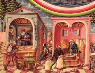 Ms Lat 209 fol.6v Jupiter (detail of fruit and grain merchants)