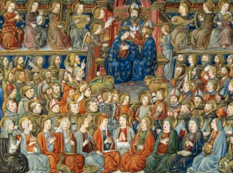 “The Day of the Last Judgment”. In the centre, the coronation of the Virgin with the Holy Trinity