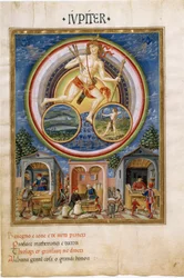 Jupiter with zodiac signs of fish and Sagittarius. Merchants selling various items