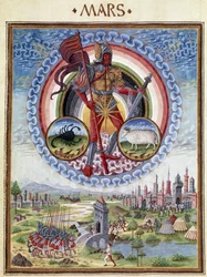 Mars with the Zodiac Signs of Scorpion and Aries. Battle Scenes Below. Miniature by Cristoforo de Predis in 