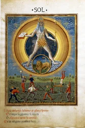 Sun with the zodiac sign of the lion. Scenes of men