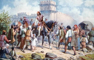 Charles IV greeting ordinary people during his expansion of fortifications of Prague in 1361, early twentieth century postcard