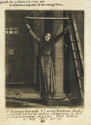 John Gerard, an English Jesuit priest, suspended from chains on the dungeon wall in the Tower of London