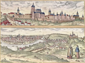 View of Prague showing the Imperial Palace and the Vltava river (engraving)