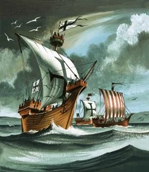 Trading Ships with Teutonic Knights Aboard Closing in on a Pirate Vessel